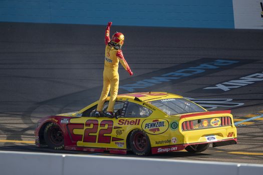 Joey Logano (22) wins the FanShield 500 at Phoenix Raceway in Avondale, Arizona.