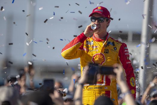Joey Logano (22) wins the FanShield 500 at Phoenix Raceway in Avondale, Arizona.