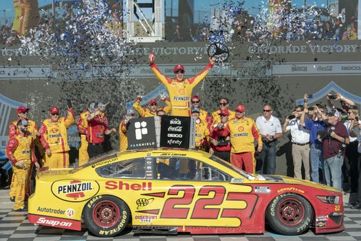 Joey Logano (22) wins for the FanShield 500 at Phoenix Raceway in Avondale, Arizona.
