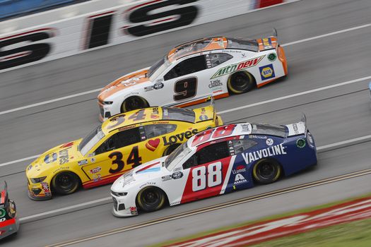 Alex Bowman (88) races down the dogleg during the GEICO 500 at Talladega Superspeedway in Lincoln, Alabama.