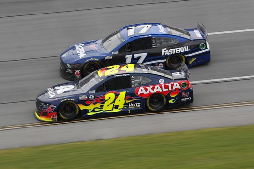 William Byron (24) races down the dogleg during the GEICO 500 at Talladega Superspeedway in Lincoln, Alabama.