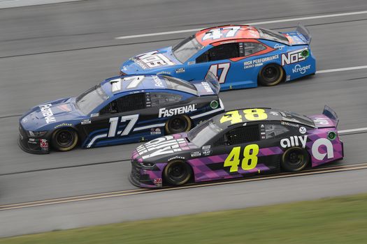 Chris Buescher (17) races down the dogleg during the GEICO 500 at Talladega Superspeedway in Lincoln, Alabama.