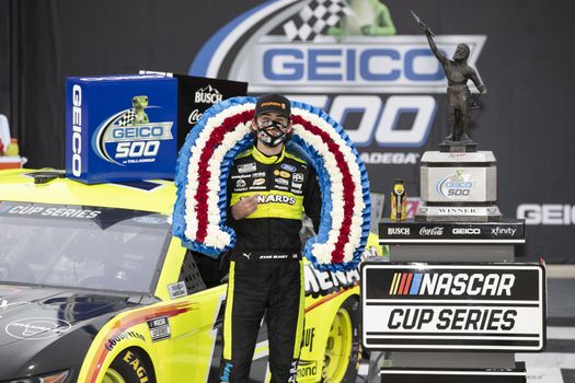 Ryan Blaney (12) wins the GEICO 500 at Talladega Superspeedway in Lincoln, Alabama.
