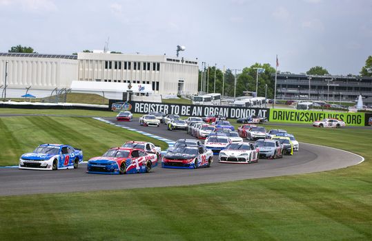 The Xfinity series races for position for the Pennzoil 150 at the Brickyard at Indianapolis Motor Speedway in Indianapolis, .