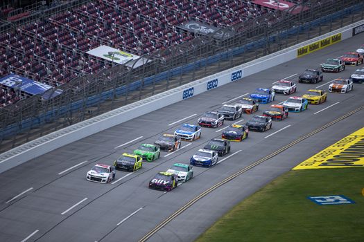 Jimmie Johnson (48) races for position for the GEICO 500 at Talladega Superspeedway in Lincoln, Alabama.