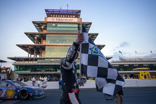 Kevin Harvick (4) celebrates his win for the Big Machine Hand Sanitizer 400 Powered by Big Machine Records at Indianapolis Motor Speedway in Indianapolis, .