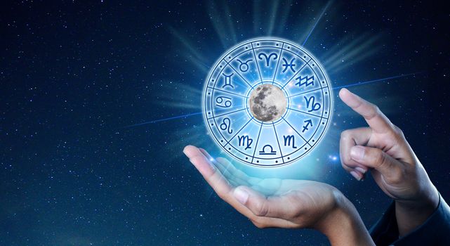 Zodiac signs inside of horoscope circle. Astrology in the sky with many stars and moons  astrology and horoscopes concept