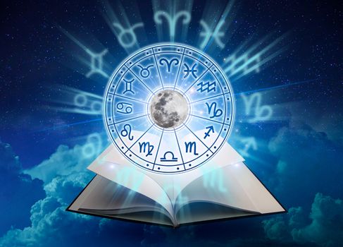 Zodiac signs inside of horoscope circle. Astrology in the sky with many stars and moons  astrology and horoscopes concept