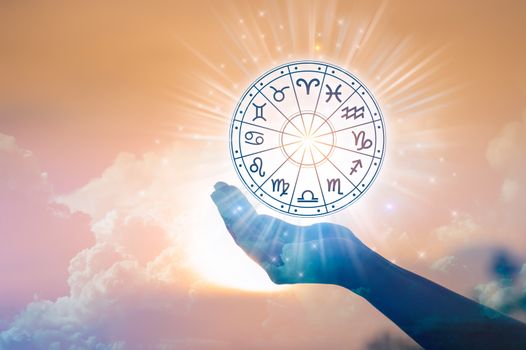 Zodiac signs inside of horoscope circle. Astrology in the sky with many stars and moons  astrology and horoscopes concept