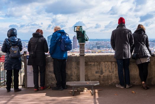 Lyon, France--November 6, 2017 --Tourists looking over the city of Lyon from an observation post. Editorial Use Only