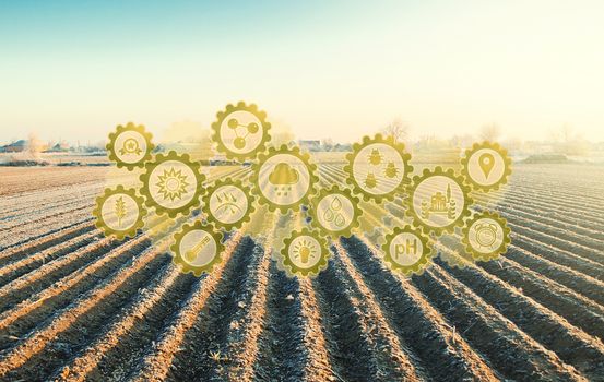 Futuristic innovative technology pictogram on a winter farm field. Agriculture agribusiness. Development of technology improvements. Increase the farming season by planting more resistant plant crops.