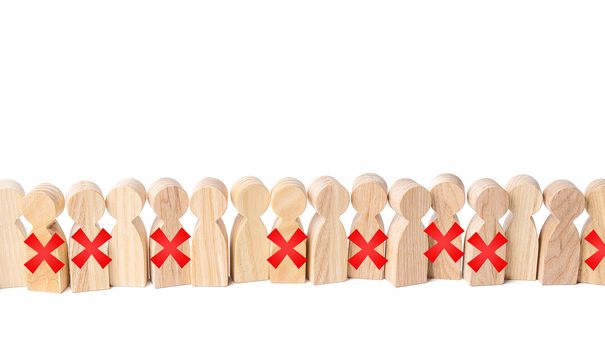 Line of people with red X. Loss of jobs and massive staff employees job cuts. Reducing staff to maintain business. Far-reaching consequences of crisis lockdown. Work layoffs due pandemic quarantine.