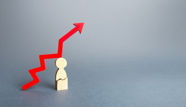Figurine man with a crack and a red down arrow up. The growth of seriously ill people, critical cases of viral diseases. Severe complication for patients, inability to completely recover from disease.