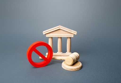 Courthouse and red prohibition sign NO. Quarantine restrictive measures. Partial restriction of the rights and freedoms of citizens. Ban on work of non-essential business and public facilitates.