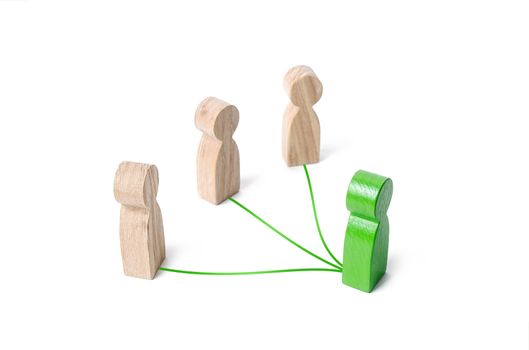 Green leader connected with people by lines. Optimization and high work efficiency. Distribution of powers, decentralization of authority responsibilities. Supervision and guidance. Give orders.