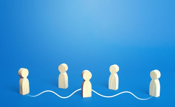 Two persons are connected by a line through the crowd. Find your soul mate. Establishing communication between people. Direct contact without intermediaries and mediators. Confidentiality and privacy.