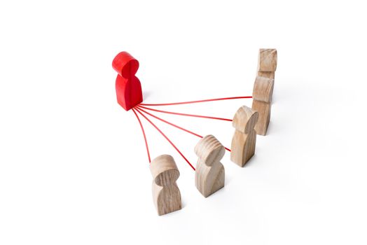 Red leader figurine connected with people by lines. Leadership and communication. Building a model of relationship with subordinates. Optimization and high work efficiency, minimization bureaucracy.