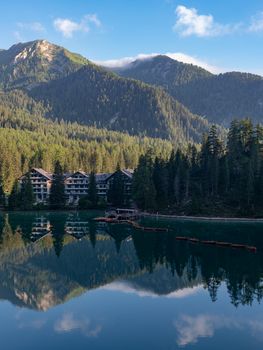 Mountain landscape with reflections on the Braies lake in Val Pusteria, South Tyrol Dolomites