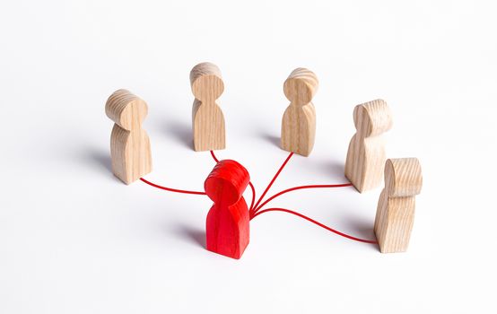 The red human figure is connected by lines with five persons. Business management. Spreading rumors. Leadership, teamwork. Cooperation and collaboration. Shares experiences and information.