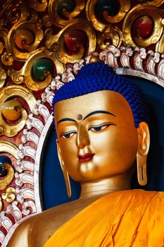 Gilded statue of Sakyamuni Buddha in Buddhist Tsuglagkhang temple gompa. McLeod Ganj, Himachal Pradesh, India