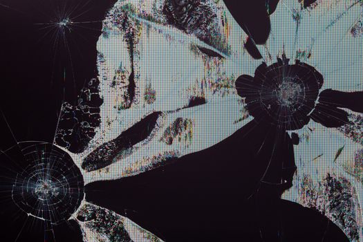 broken lcd tft tn screen flat macro texture with crystal leakage and physical damage cracks.