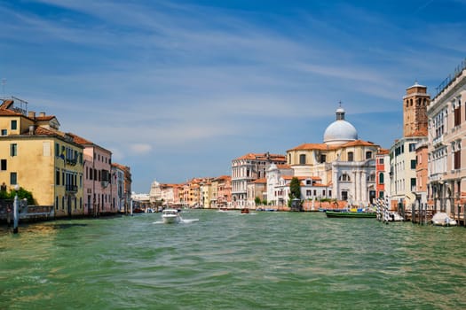 Boats and gondolas on Grand Canal in the day, Venice, Italy