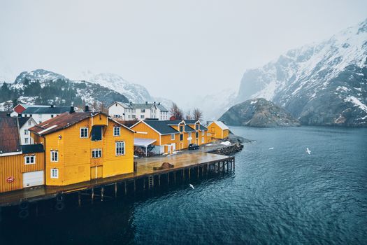 Panorama of Nusfjord authentic fishing village with yellow rorbu houses in Norwegian fjord in winter. Lofoten islands, Norway