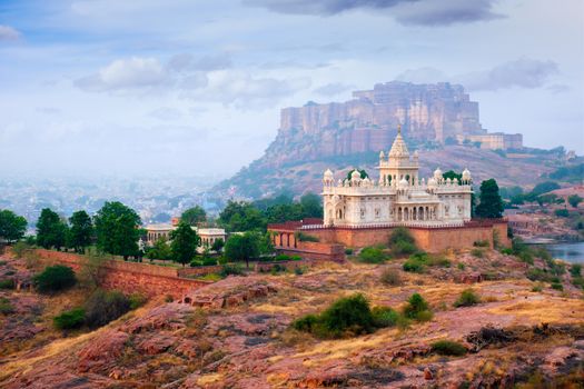 Tourist landmarks of Jodhpur - Jaswanth Thada mausoleum and Mehrangarh fort, Jodhpur, Rajasthan, India