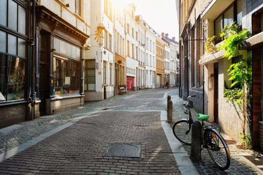 Antwerp street with row of old houses, Belgium