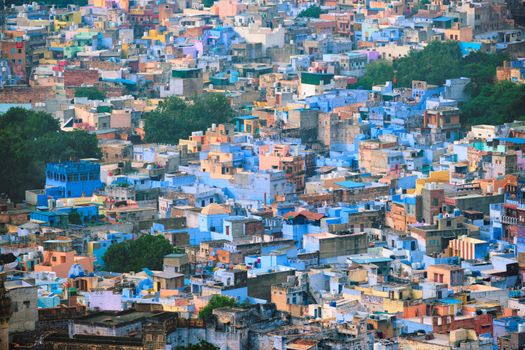 Aerial view of Jodhpur, also known as Blue City due to the vivid blue-painted Brahmin houses around Mehrangarh Fort. Jodphur, Rajasthan, India