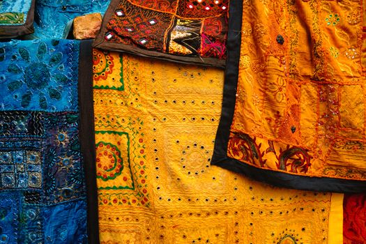 Indian patchwork fabric with traditional Indian patterns close up. Jasialmer, Radjasthan, India Exotic Patchwork Quilt