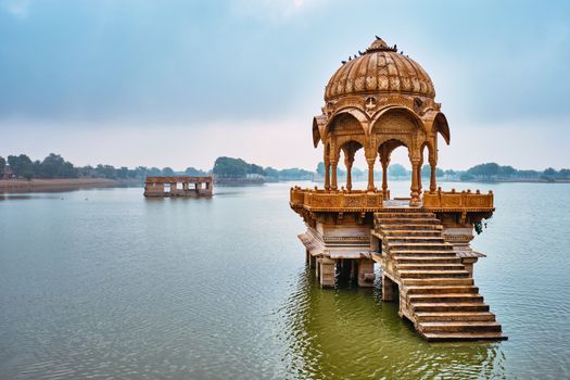 Indian landmark Gadi Sagar - artificial lake. Jaisalmer, Rajasthan, India