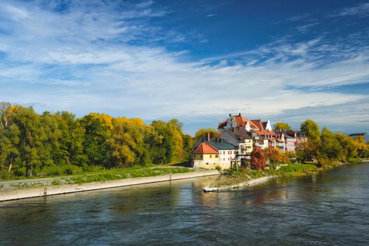 Old houses along Danube River in Regensburg, Bavaria, Germany