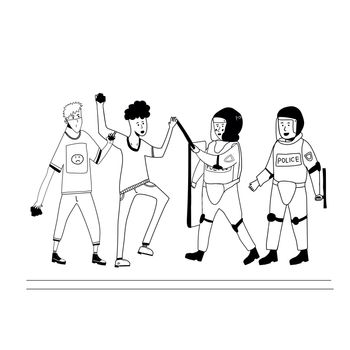 Street riots and protests. Protesting men with a Molotov cocktail are confronting the police. illustration.