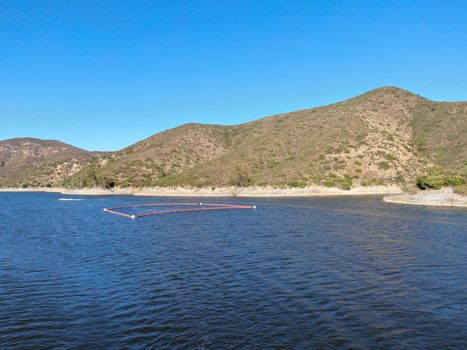 Aerial view of Inland Lake Hodges and Bernardo Mountain, great hiking trail and water activity in Rancho Bernardo East San Diego County, California, USA 