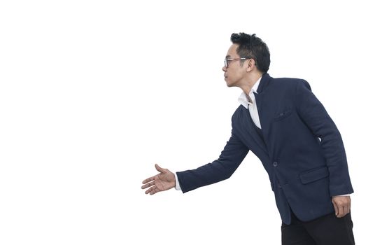 Asian Business man extending hand to shake on white background and copy space