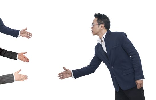 Asian Business man extending hand to shake white three business hand on white background