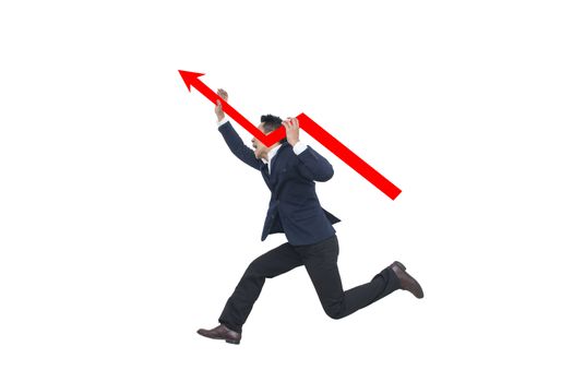Asian Businessman with red arrow sign jump on white background, Business risk and success concept