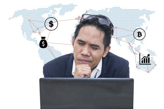 A business man is working harder to achieve new sales target.Business man with world map and business icon