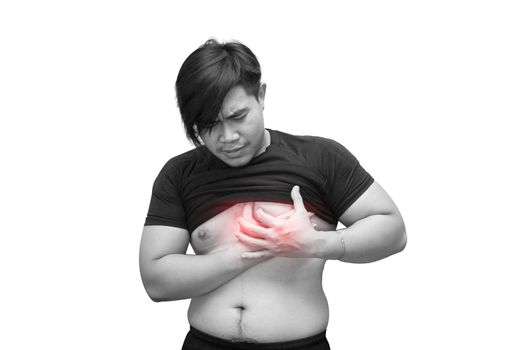 close up of asian man suffering from heart ache on white  background, healthcare and problem concept,black & white