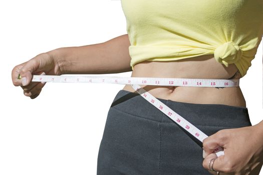 Woman measuring perfect shape of beautiful waist, healthy lifestyles concept.isolate on white background
