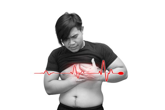  close up of asian man suffering from heart ache with heart beat line, healthcare and problem concept,black & white