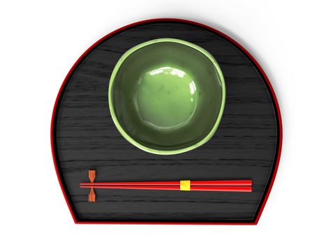 Japanese chawan and red chopstick on the tray. traditional ceramic bowl with red chopstick on the tray.3D illustration.3DCG,Render scene.