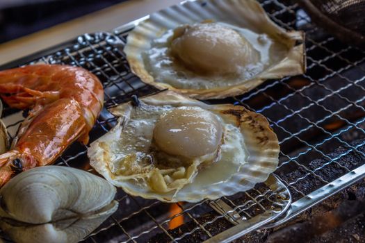Clam,Quahog,shrimp,scallop shell,Charcoal-grilled seafood.in chiba-ken JAPAN