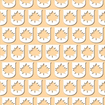 White maple leaf icon on pale orange background, seamless pattern. Paper cut style with drop shadows and highlights.