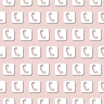 White handset icon on pale pink background, seamless pattern. Paper cut style with drop shadows and highlights.