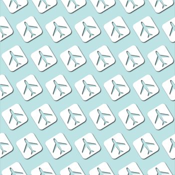 White plane icon on pale blue turquoise background, seamless pattern. Paper cut style with drop shadows and highlights.