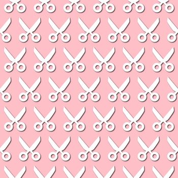 White scissors icon on pale pink background, seamless pattern. Paper cut style with drop shadows and highlights.