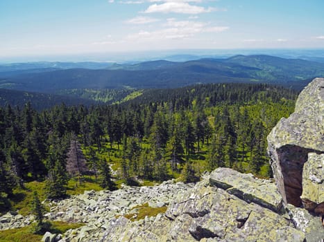Krkonose mountains view scenery with granite rock and spruce tree forest