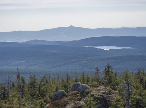 landscape of Jizera Mountains jizerske hory, view from peak of holubnik mountain with lush green spruce forest, trees, blue hills and jested panorama, blue sky background.